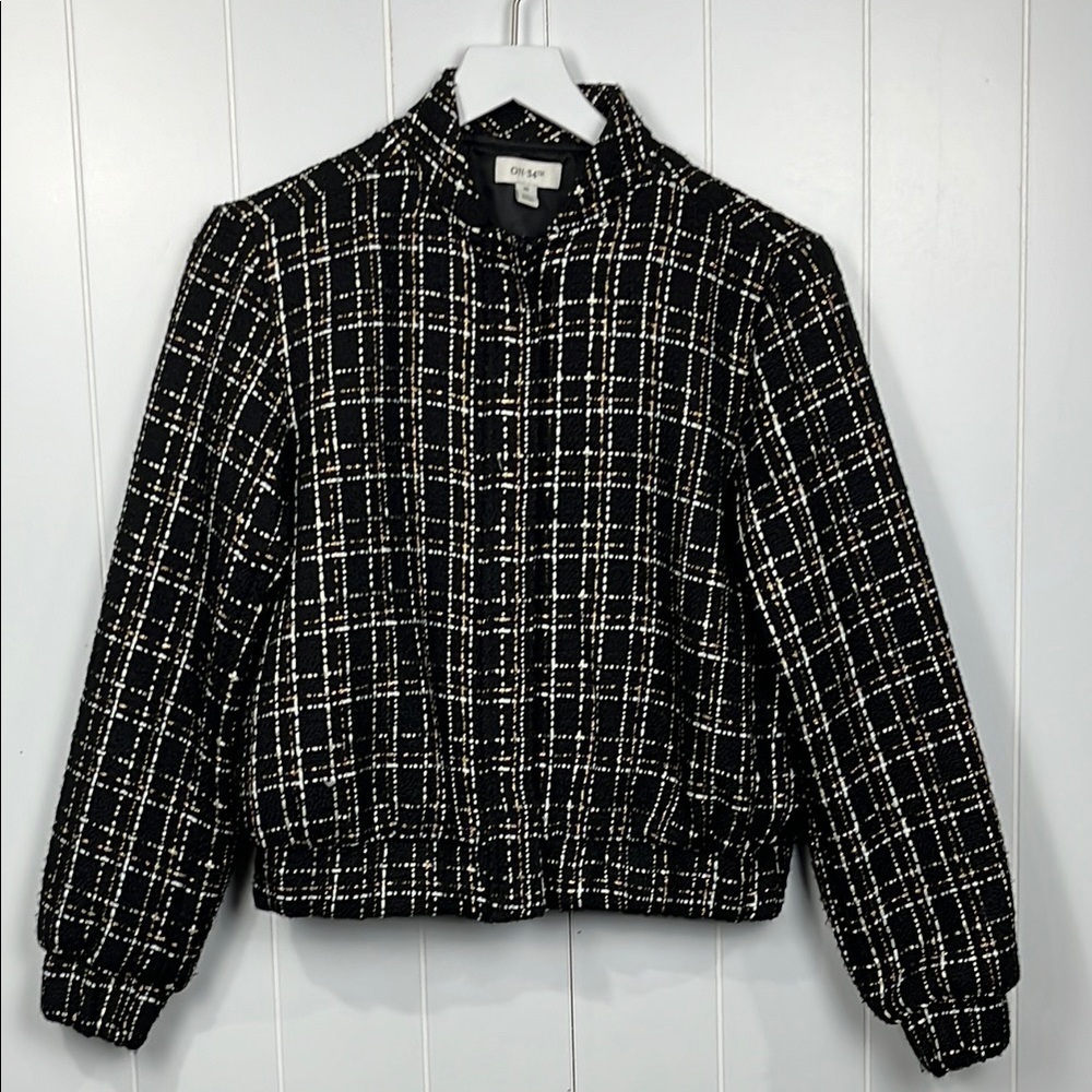 On 34th Womens Bomber Jacket Black/Gold XS Front Zip Pockets Mock Neck Sparkly